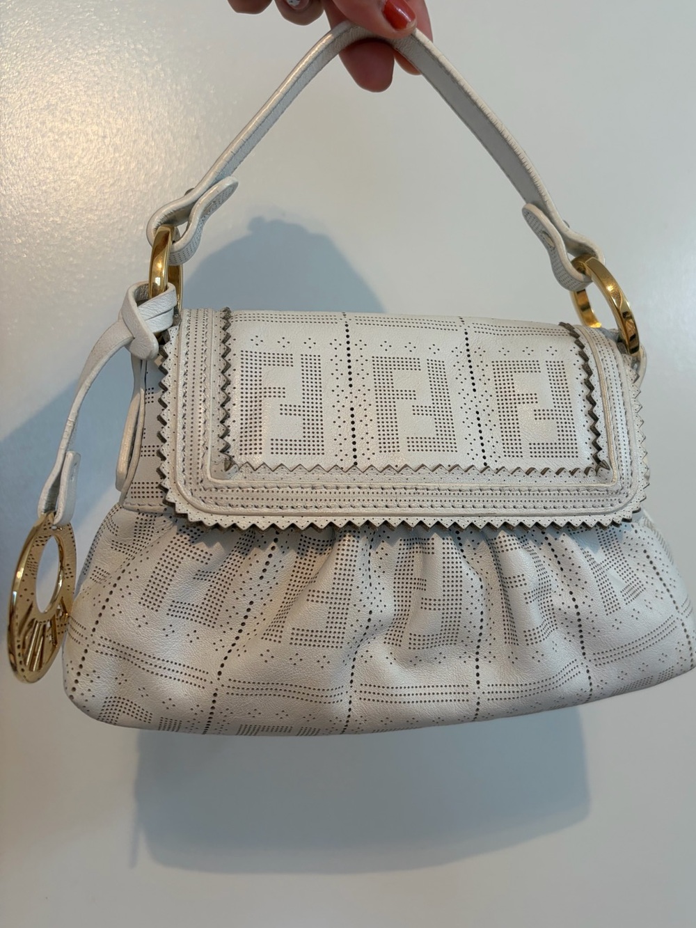 Mini Chef Fendi White Perforated Leather Shoulder Bag with Gold Hardware